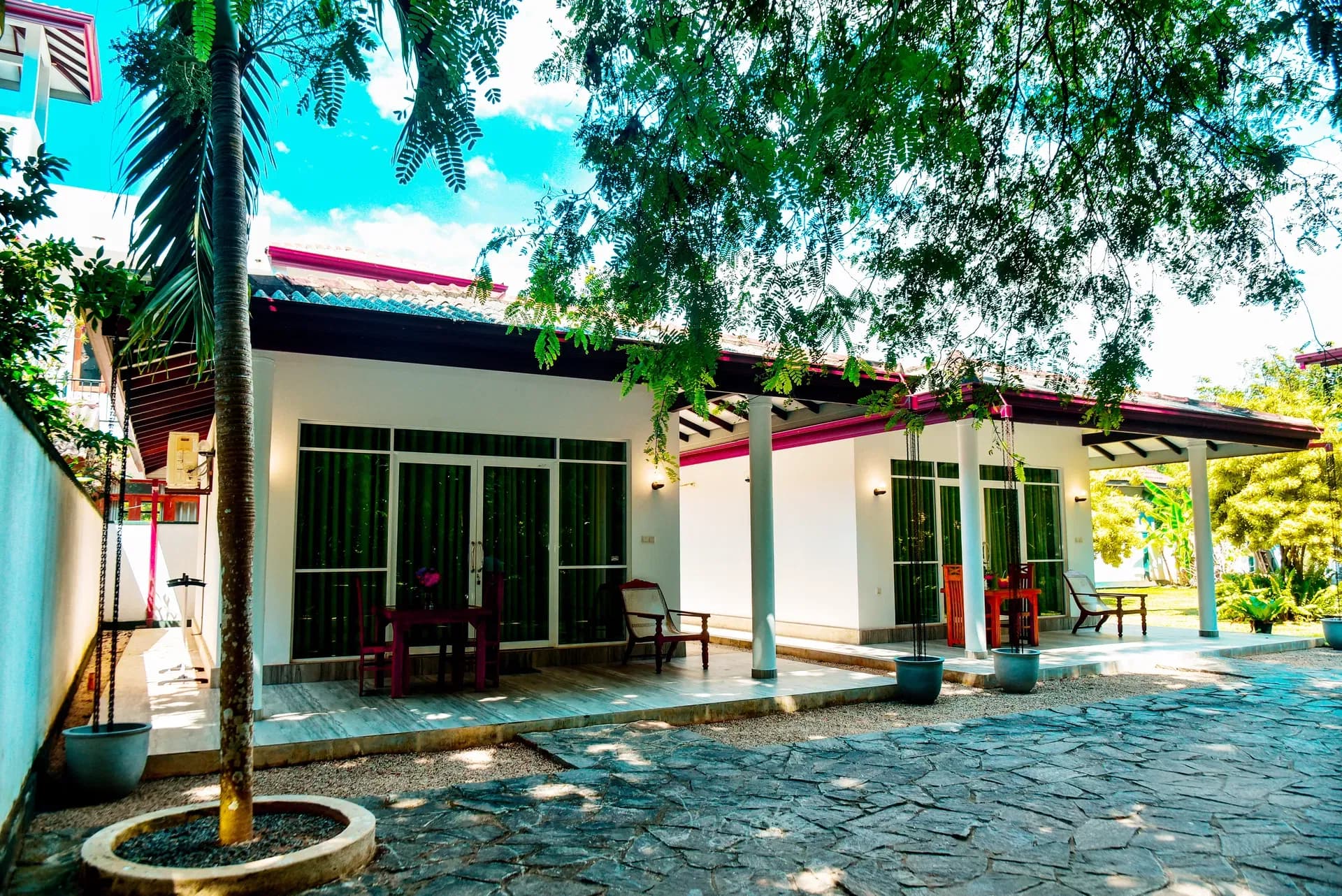 Luxury poolside view with sun loungers